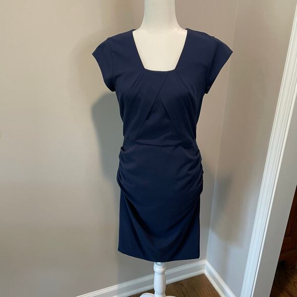 BCBGMaxAzria Joana Sheath Dress Sz 8 Navy Pleated Ruched Cap Sleeves Square Neck - Picture 3 of 10
